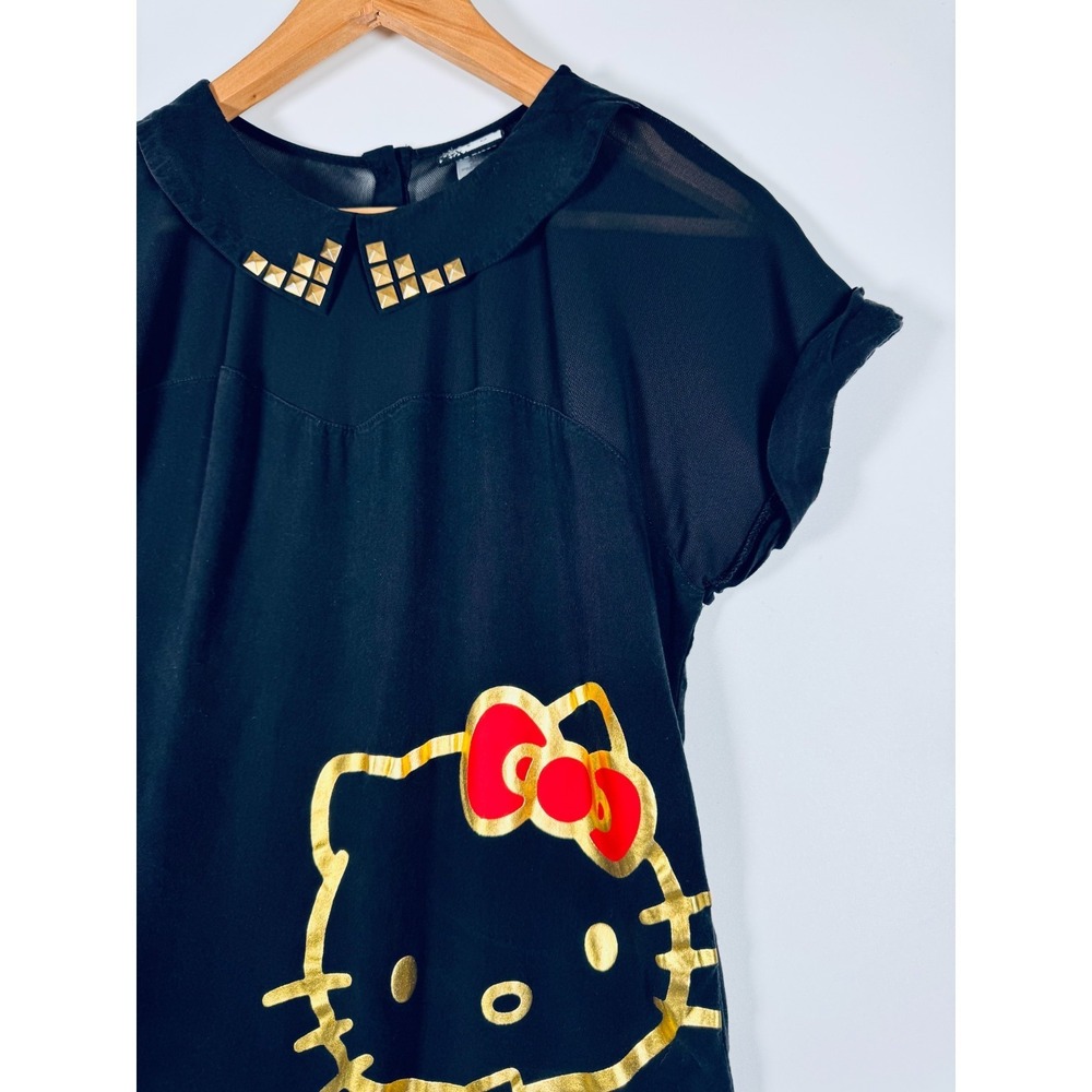 Hello‎ Kitty Sanrio Top Womens Large Black Gold Studded Collar Sheer Button Back - Picture 6 of 12